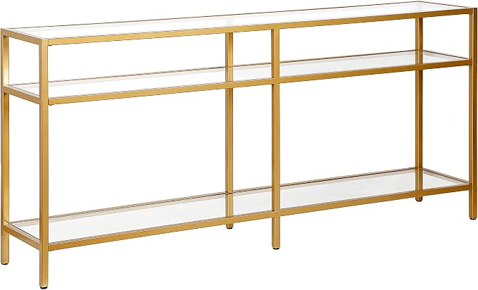 Henn&Hart 64" Wide Rectangular Console Table in Brass, Entryway Table, Accent Table for Living Room, Hallway | Glass shelves with extra long design provide open display and storage for living rooms, entryways, hallways, and offices