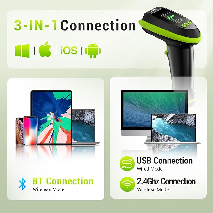 Tera Barcode Scanner Wireless 2D QR with Stand: Digital Setting Screen Keypad Pro Version Extra Fast Scanning Speed Works with Bluetooth 2.4G Wireless USB Wired Bar Code Reader HW0009-Z Green