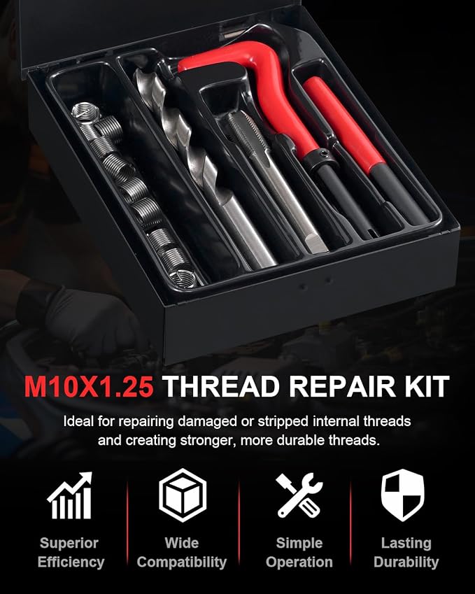 Kolvoii M10×1.25 Helicoil Thread Repair Kit, Metric M10 Helicoil kit with HSS Drill Bit, Tap & Stainless Steel Inserts for Suspension, Cylinder Head & Heavy Machinery