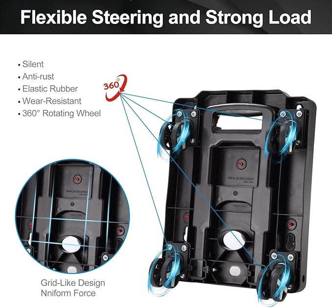 GtIiFmTe Foldable Hand Truck, Lightweight Luggage Cart for Airport Car Seat | Black compact dolly with4wheels,storage size12×15.7×4.1in,300lbs Load,Upright Lock Handle,4 swivel wheels with 3bungee cords