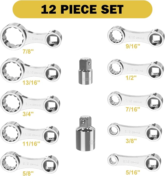 ANPUDS 12 Pcs SAE Torque Adapter Set, 5/16"-7/8", 3/8" 12-Point Extension | Cr-Mo Steel, 1/2''+1/4'' + Bit Adapter, Torque Wrench Adapter, for Engine Bay, Brake, Suspension, Motorcycle & Tight Access