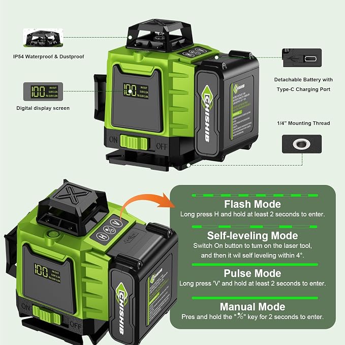 16 Lines Green Laser Level Kit -4x360° 4D Self-Leveling Cross Line Laser Level, Rotary Base and Accessories for Construction, Home Improvement and Picture Hanging,(Safety Class ll, <1mW power output.)