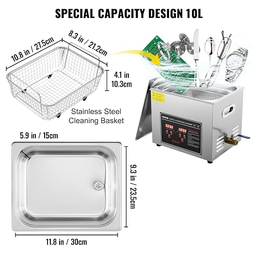 VEVOR Ultrasonic Cleaning with Digital Timer & Heater, Professional Ultra Sonic Jewelry Cleaner, Stainless Steel Heated Cleaning Machine for Glasses Watch Rings Small Parts Circuit Board (10L)
