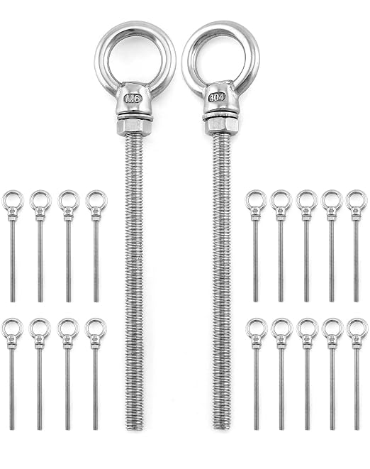 QWORK Threaded Eyebolts, 20 Pack 1/4" x 4" Long Stainless Steel Marine Grade Shoulder Eye Bolt M6