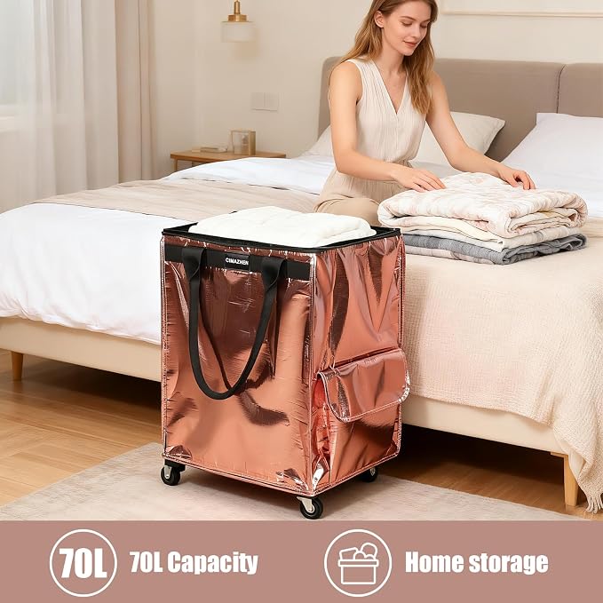 (Medium,Rose Gold) Reusable Grocery Bag on 4 Wheels, 70L Foldable Rolling Tote Bag with 3 Handles and Zipper, Rolling Shopping Cart for Groceries, Storage, Laundry, Travel, Organizer, 76lb