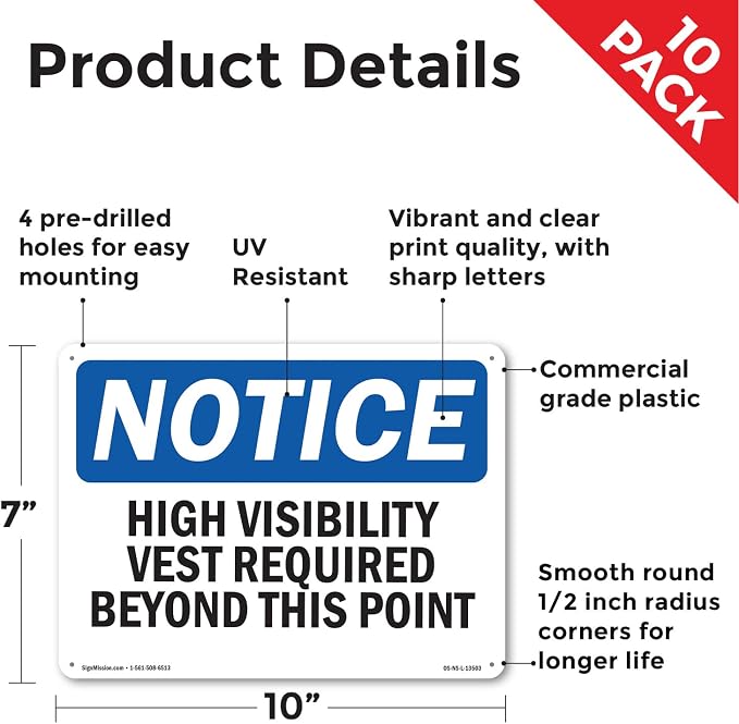 High Visibility Vests Required Beyond This Point OSHA Notice Rigid Plastic Sign 10 Inch x 7 Inch - 10 Pack