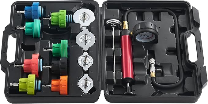VEVOR Automotive Cooling System Radiator Pressure Tester Kit, 14 pcs Radiator Pressure Tester Kit with Manual Pump and Color-Coded Steel Test Cap Adapters, for Cars Motorcycles Trucks Cooling System