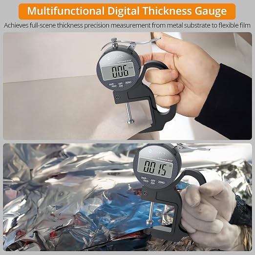 Neoteck Digital Thickness Gauge 1inch/25.4mm,0.0005inch/0.01mm LCD Display with Inch/MM Conversion One-Hand Quick Press Thickness Measuring Tool for Leather Paper Fabric Film etc.-Silver-Grey