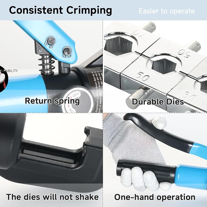10 US Ton Hydraulic Crimper Tool Kit with Cable Cutter, 9 US Standard Chromed Hexagonal Dies 12, 10, 8, 6, 4, 2, 1/0, 2/0 AWG for Electrical Terminal Cable Lugs and 1/8” for Wire Rope Crimping