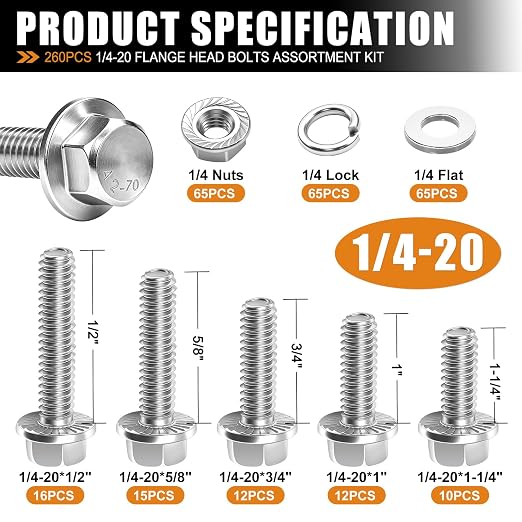 mankk 260PCS Flange Head Bolts Assortment Kit 1/4-20 x (1/2",5/8",3/4",1",1-1/4") 304 Stainless Steel SAE Flange Hexagon Screws and Serrated Flange Nuts Kit
