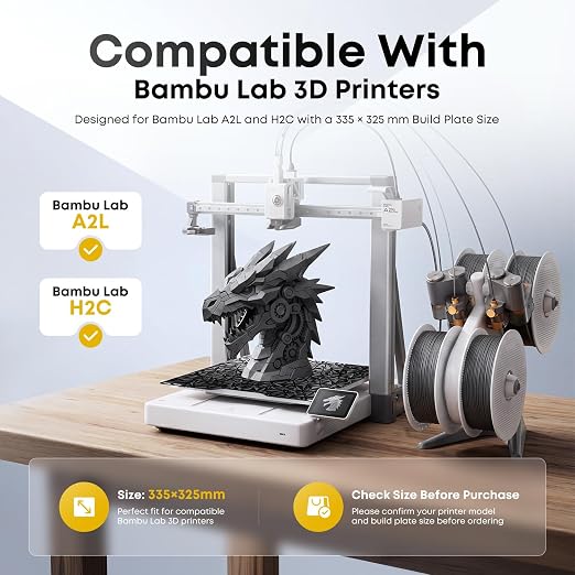 3D Printer Build Plate for Bambu Lab A2L/H2C, PET+PEO, 335x325mm | Dual texture, carbon fiber & diamond finish, flexible spring steel, easy removal, PLA TPU PETG, up to 120°C bed temp