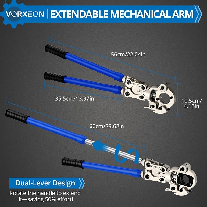 Propress Tool for Copper Pipe Mechanical Copper Tube Crimping Tool with 1/2, 3/4 and 1 inch Dies One-Squeeze Completion Crimper Telescopic handle