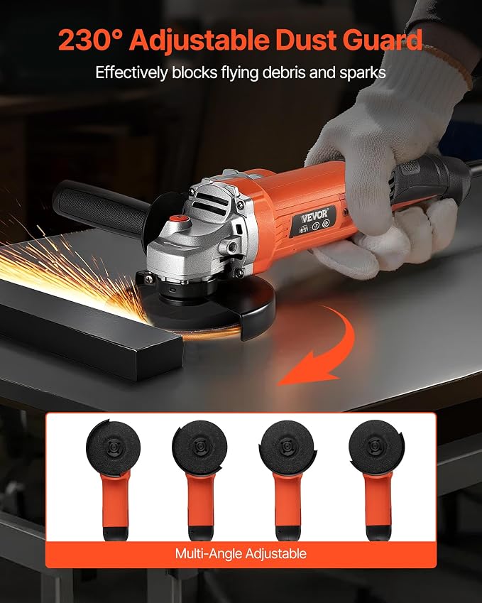 VEVOR Angle Grinder, 5" Electric Grinder Power Tool, 10Amps 10000RPM High-Speed Corded Angle Grinders with 230° Adjustable Dust Guard for Metal Grinding, Cutting, Rust Removal (Disc Not Included)