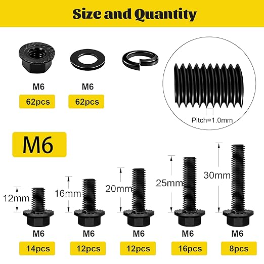 248PCS M6 Flange Hex Bolt Assortment Kit,M6-1.0 x 12/16/20/25/30 mm Metric Bolts and Serrated Flange Nuts Washers Assorted,10.9 Black Zinc Galvanized