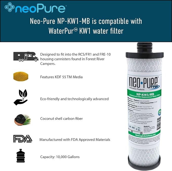Neo-Pure NP-KW1-MB Compatible Replacement for WaterPur™ KW1 RV Water Filter- Now Available as MAX Filter- With Quantum Water Purification KDF 55 Media and Coconut Shell Carbon Fiber 2-Pack