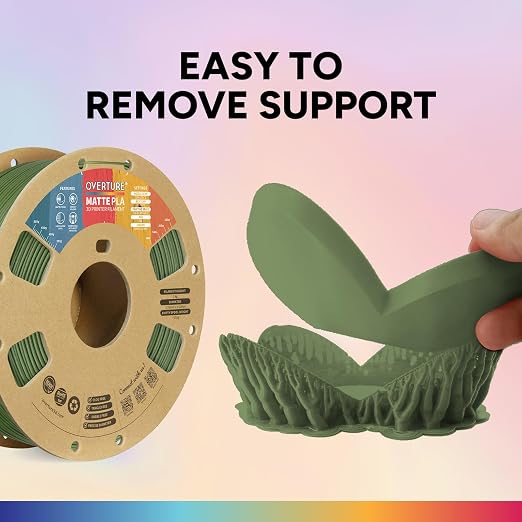 OVERTURE Matte PLA 1.75mm, Low Warp & Smooth Finish 3D Printer Filament | Frosted Matt Finish Hides Layer Lines, 1kg Spool (2.2lbs) Cardboard Spool, Fit Most FDM Printer (Matte Army Green)