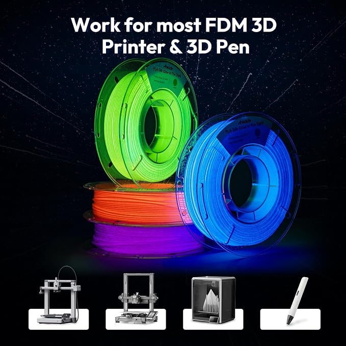 AMOLEN Silk Glow in the Dark Filament Multicolor, Glow Filament Silk Green, Blue, Purple, Orange Red 1.75mm PLA Filament, Dimensional Accuracy +/- 0.02 mm, 200g X 4 Pack