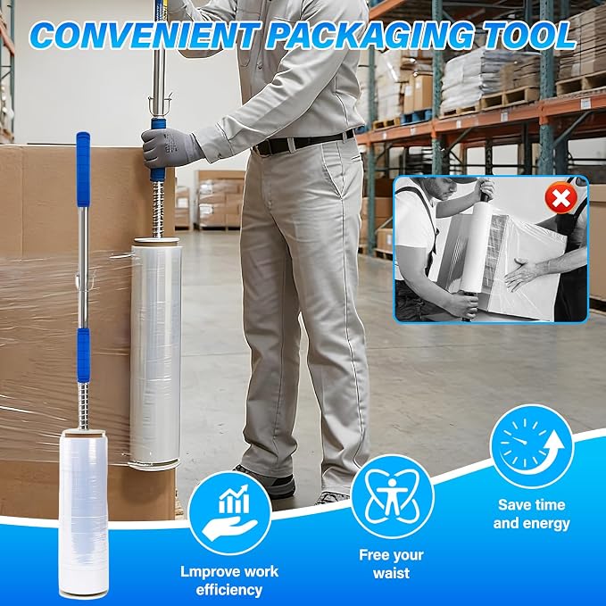 2-Pack Stretch Wrap Dispenser丨48 Inch Long Handle Pallet Wrap Tool丨Fits 12"-19" Film Rolls with 1.5"-3" Core丨Heavy Duty Aluminum Stretch Film Holder for Warehouse Shipping Packaging（Film Not Included）