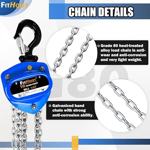 Chain Hoist 1/4 Ton 550lbs Capacity 10FT Mini Hand Chain Block Hoist with 2 Heavy Duty Hooks Heavy Duty Pulley Hoist for Garages Warehouse Automotive Machinery