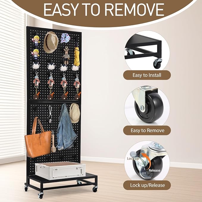 Eastern Tree Metal Pegboard Display Stand 2'x 5'with Base Plate, Pegboard Panels Display with Wheels, Peg Board Display Rack, Standing Pegboard Display with 30 Hooks - Black