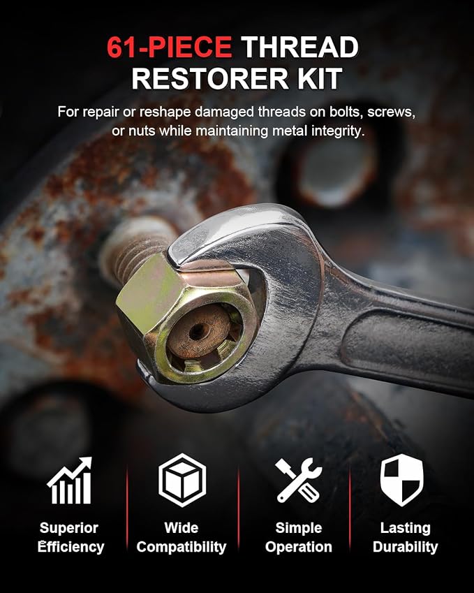 Kolvoii 61-Piece Thread Restorer Kit, Metric & SAE Thread Chaser Set with Taps, Dies, Files & Pitch Gauges – UNC, UNF, Metric Rethread Damaged Threads on Bolts, Nuts & Holes