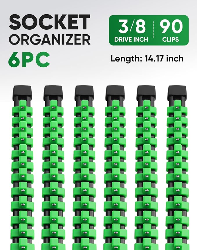 ALOANES 6PC ABS Socket Organizer, Socket Rails Fit 3/8 inch Drive | Portable Heavy Duty Socket Holders Hold up 90 Sockets for Mechanics Toolbox Drawer Bags(Green)