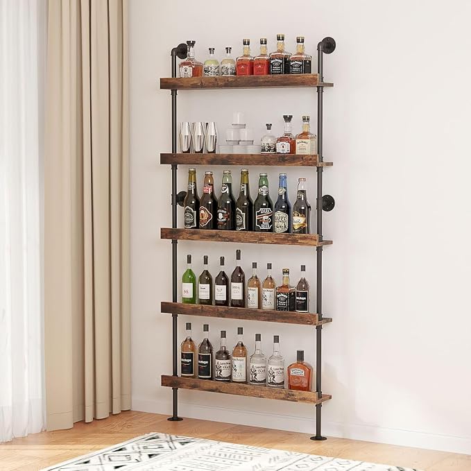 5-Tier Wall Mounted Wine Rack, Industrial Pipe Bar Shelf for Wine Bottle Storage, Industrial Pipe Shelves Shelf Shelving for Home Bar Dining Room Kitchen (39.4" W x 79" H)