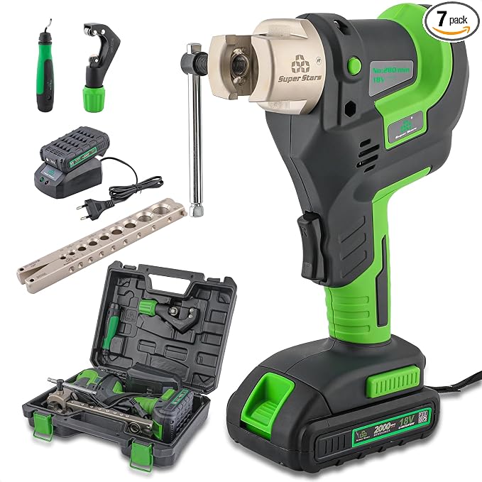 Power Flaring Tool Kit for 1/4" - 3/4" HVAC Cordless Flare Tool with Metric and Imperial Integrated Clamps 45° Eccentric Cone for Copper Aluminum Pipe with Deburring and Cutter Tool