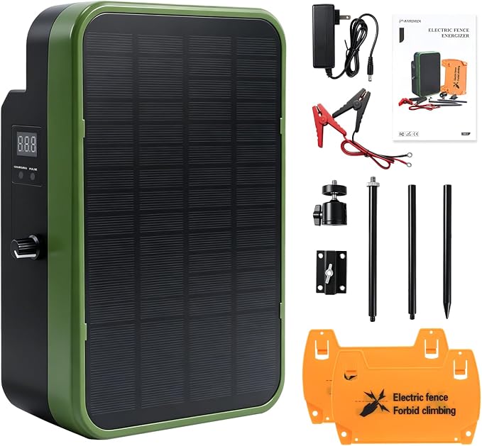 Solar Powered Electric Fence Charger, Energizer with Stand, Adjustable 5kV-9kV Output, 6000mAh Battery, 5.5W Solar Panel Perfect for Farms Gardens Orchards, Keeps Livestock Safe from Wildlife