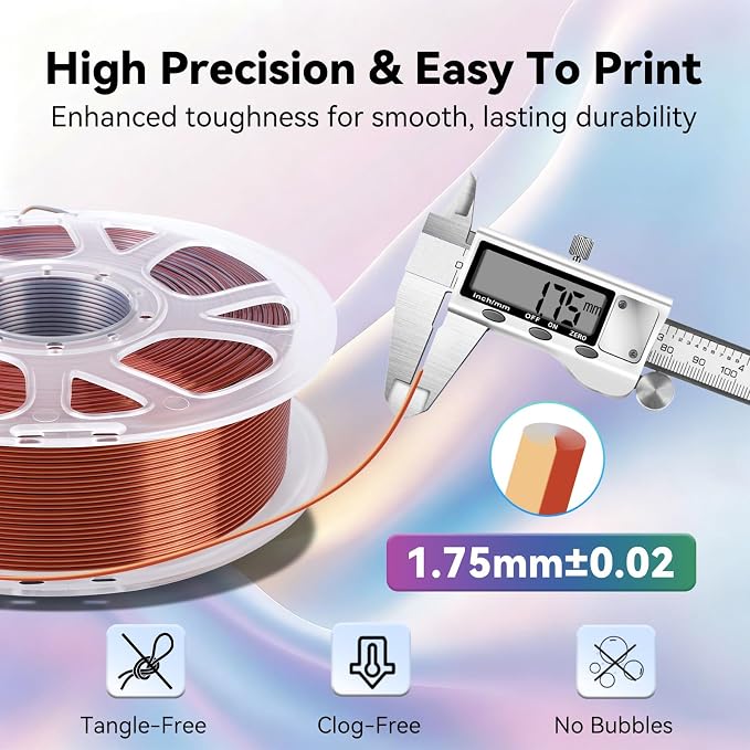 Kingroon PLA Filament, Multicolor Silk PLA Filament, Tri Color 3D Printer Filament, 1.75 mm, Dimensional Accuracy +/- 0.03 mm, 1kg Spool(2.2lbs), Gold Silver Copper