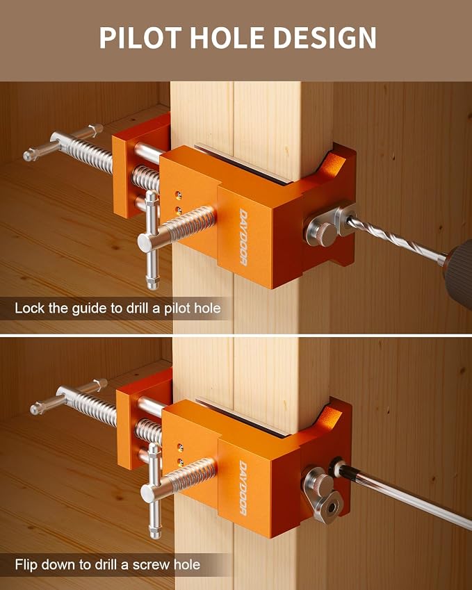 DAYDOOR Professional Cabinet Installation Clamps 2 Pack, Heavy Duty Face Frame Alignment Tool with Integrated Drill Guide & EVA Protection, Woodworking Claw Clamps, Orange