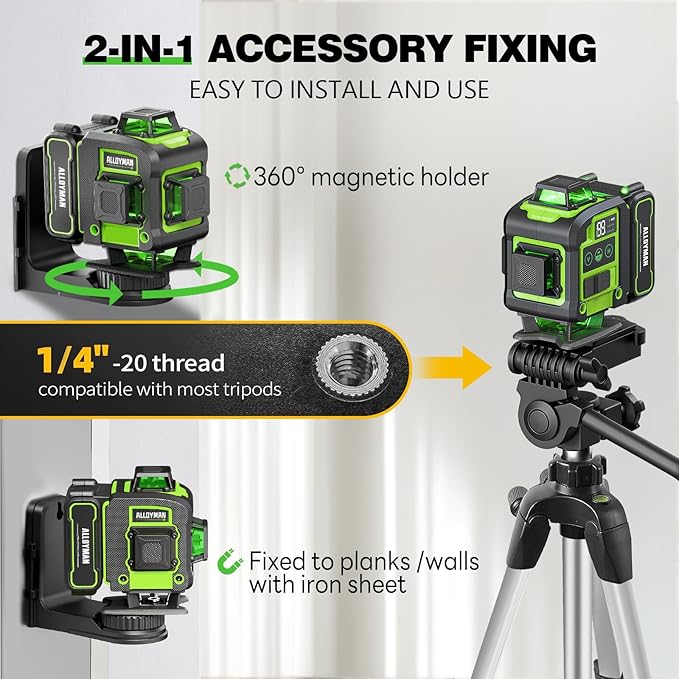 Laser Level with Tripod, Alloyman 4x360° Self Leveling Laser Level, Green Line Laser 4D Laser Leveler Tool with 2Pcs Lithium Batteries for Picture Hanging, Tile, Home Renovation, Indoor(Green)