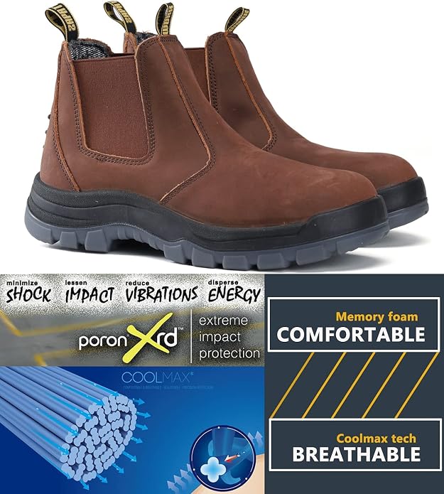 DIIG Work Boots for Men, Soft/Steel Toe Waterproof Working Boots, Slip Resistant Anti-Static Slip-on Safety EH Working Shoes 6 8 9 10 11 12 13 (Brown)