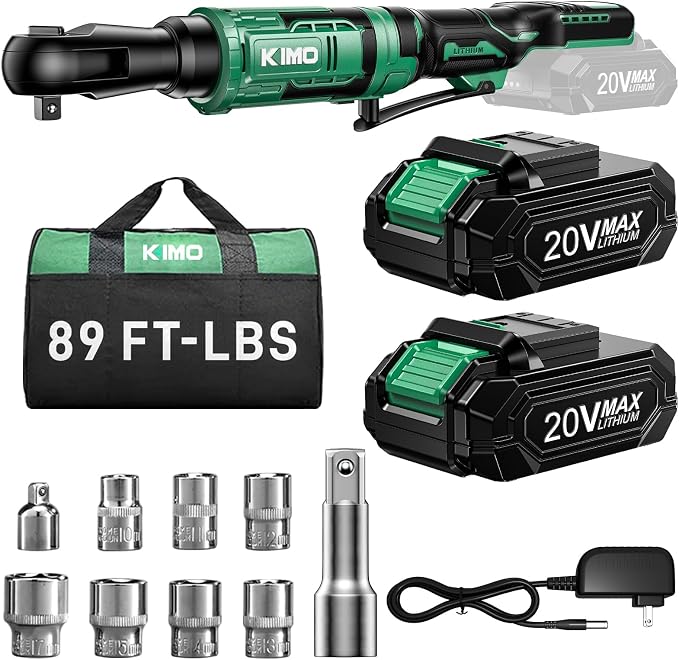 KIMO 20V Electric Ratchet Wrench 3/8, 89Ft-lbs 400RPM Cordless Ratchet Wrench Set w/Variable Speed, 2x2.0Ah Battery Power Ratchet Wrenches, 7Sockets, 3/8"to1/4" Adapter, 3"Extension Bar, Fast Charger