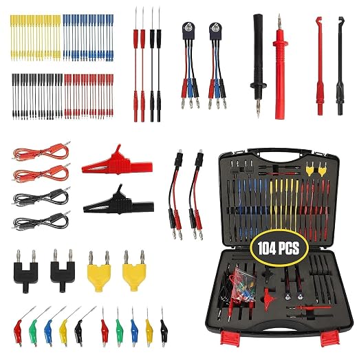 104PCS Automotive Circuit Test Leads Kit, Multimeter Terminal Test Leads Kit Multi Function Probe Test Kit with Heavy Duty Back Probes Test Lead Set Wire Connectors Set with Black Carrying Case