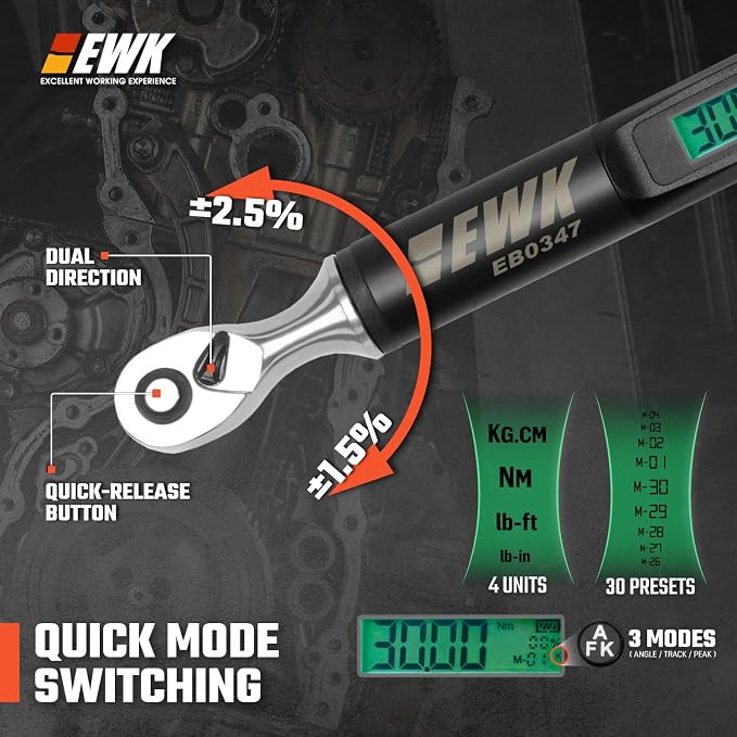 EWK 1/4" Drive Digital Angle Torque Wrench 1.1-22.1 ft-lbs (1.5-30 Nm) | ±1.5% clockwise / ±2.5% counterclockwise and angle accuracy of ±2%, LCD Display, LED Buzzer Vibration Alert, 30 Memory Values