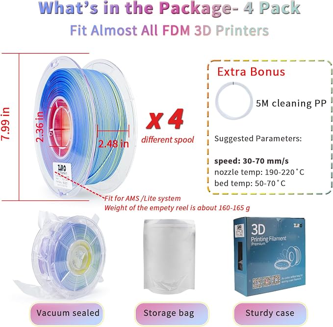 ZIRO Matte Tricolors PLA Filament Bundle, 4 Packs Magic Color Change by Angle Filament 1.75mm, Dimensional Accuracy +/-0.03mm, Fit Most FDM 3D Printer, 1KG x 4 Spool (no-Shine Surface)