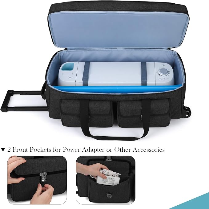 YARWO Rolling Craft Bag with Wheels Compatible for Cricut Explore 5/4/3, Maker 4/3, Cameo 5/4, Double Layers Die-cutting Machine Case with Multi Pockets for Craft Tool, Accessories and Supplies, Black