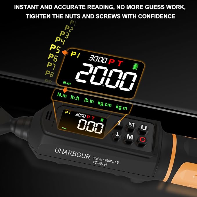 Uharbour Digital Torque Wrench 1/4 Drive, 1.1-22.1 Ft-lbs/1.5-30Nm Range, Electric Torque Wrench with Dual Direction Ratchet, ±1% Accuracy with Vibration, Buzzer and LED Alert