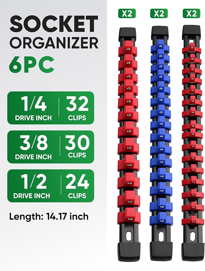 ALOANES 6PC Socket Organizer, Socket Rails Fit 1/2", 1/4" and 3/8" Drive | Heavy Duty ABS Socket Holders Hold 86 Sockets for Toolbox Drawer Bags(Red&Blue)