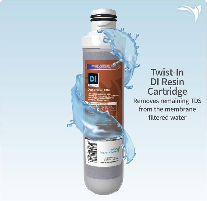 Aquatic Life Twist-In RO/RODI Replacement Cartridges - Carbon Block Filter, Sediment, Color Changing Mixed Bed Deionization Resin and 100 GPD Membrane, 4-Stage Reverse Osmosis Deionization Systems