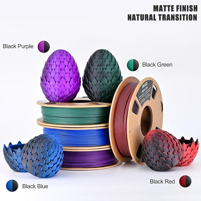 OVV3D Matte PLA 3D Printer Filament Bundle 250g x 4 Spools, Dual Color Filament 1.75mm Pack, Multi Color Change 3D Printing Filament, High Quality Matte Surface, Black - Red, Blue, Green, Purple
