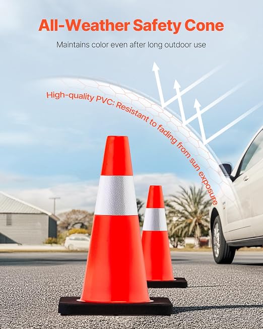 VEVOR Safety Cones, 5 Pack 18" Traffic Cones, PVC Orange Construction Cones with Reflective Collars and Black Weighted Base, for Traffic Control, Driveway Road Parking and School Improvement