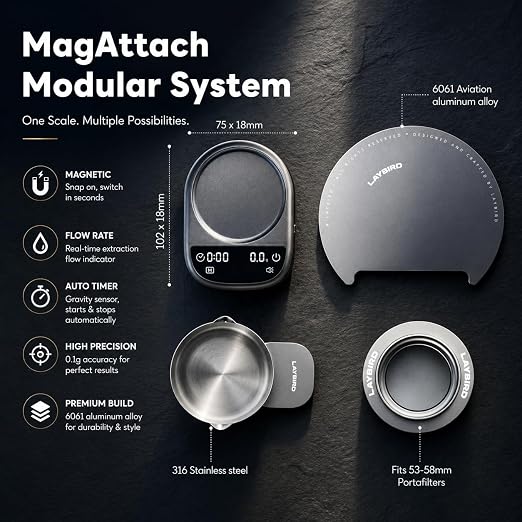 LAYBIRD MagAttach 3-in-1 Coffee Scale with Timer – Precision Espresso & Pour Over Scale with Flow Rate and Brew Ratio Display, Includes Magnetic Dosing Cup and Extension Platform Brewing Accessories