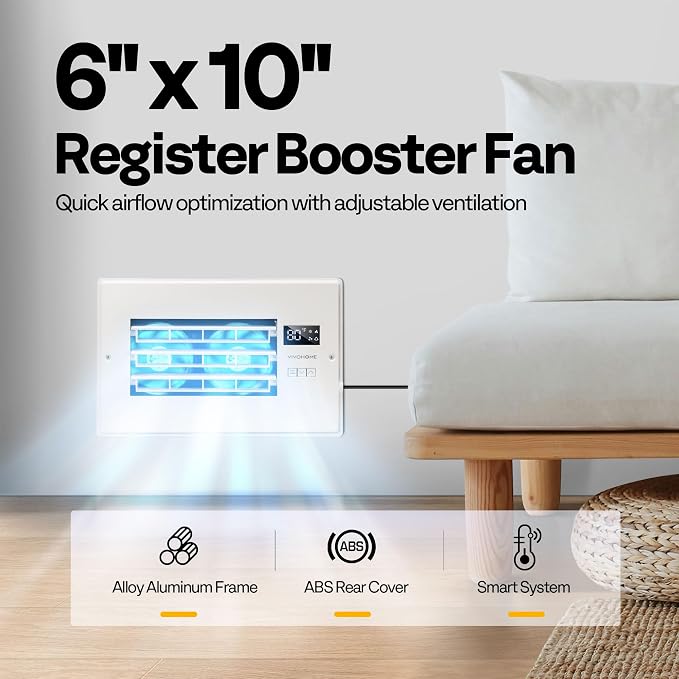 VIVOHOME Register Booster Fan - 6'' x 10'' Opening with Adjustable Louver - Smart Thermostat & 10-Speed Remote Control - AC Vent Fan for Floor, Ceiling, Wall - Quiet Operation (White)