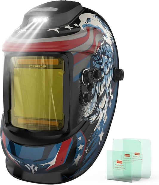 YESWELDER True Color Auto Darkening Welding Helmet with Rechargeable Fan and Light, 3.93"X3.66"Large View Blue Light Blocking Hood, 4 Arc Sensor Adapts to Stick, MIG, TIG & Plasma