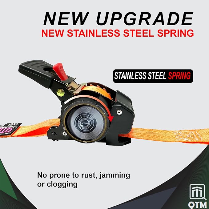 QTM Retractable Ratchet Straps 4-Pack Orange, Heavy Duty 1" x 10ft with Soft Loops & Stainless Steel Spring, 2000lb Breaking Strength for Truck, Trailer, Motorcycle Cargo