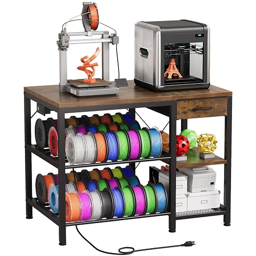 3D Printer Table with Filament Storage, 3-Tier 3D Printer Stand with Power Outlet & Drawer, Heavy Duty 3D Printer Rack for Workshop Studio Office (Brown)