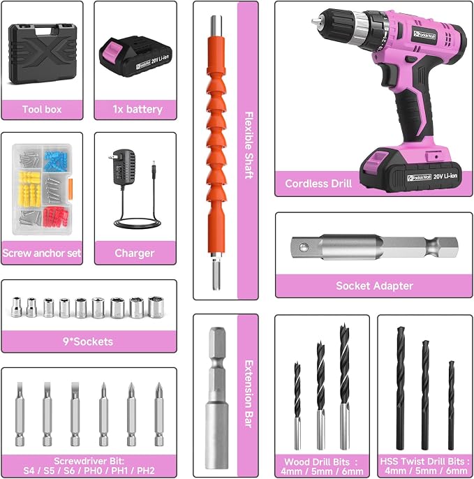 FADAKWALT Cordless Drill Set, 20V Electric Power Drill With Battery And Charger, 30N Torque, 21+1 Settings, 3/8-Inch Keyless Chuck, Driver Bits Kit, LED Light (Pink）
