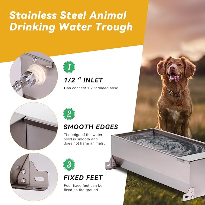 Automatic Livestock Water Trough Stainless Steel Animal Drinking Water Bowl Dispenser with Float Valve Kit Large Capacity Outdoor Animal Self Filling Horse Trough for Dog Horse Pig Cow Goat
